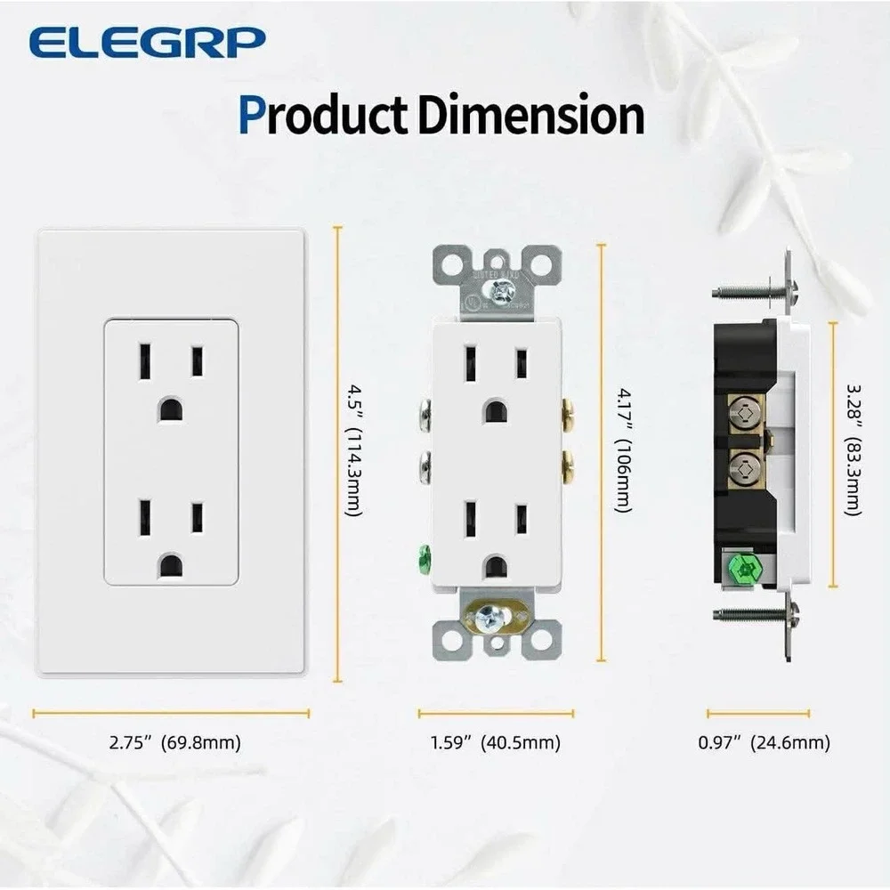 Elegrp Matte White Standard Decorator Electrical Wall Receptacle Outlet 15A 125V